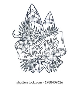 Surfing board. Trendy hawaii surf or surfboard for tiki bar. Traditional ethnic hawaiian board. Tribal summer surfer