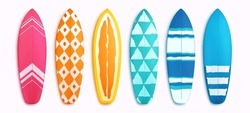 Surfing Board Vector Set. Surfboard Summer Elements In Colorful Pattern Design Isolated In White Background. Vector Illustration Summer Surfing Board Elements Collection.
