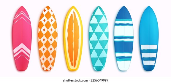Juego de vectores de tablas de surf. Elementos estivales de tablas de surf en diseño de patrones coloridos aislados en fondo blanco. Colección de elementos de tablas de surf de verano con ilustraciones vectoriales.
