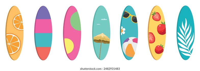 Surfing board vector set. Surfboard summer elements in colorful pattern design isolated in white background. Vector illustration summer surfing board elements collection.