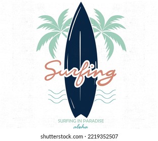 Surfing board vector t-shirt design. Palm paradise vector artwork. Ocean wave.