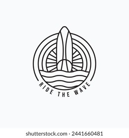 Surfing board with waves line art logo vector minimalist illustration design