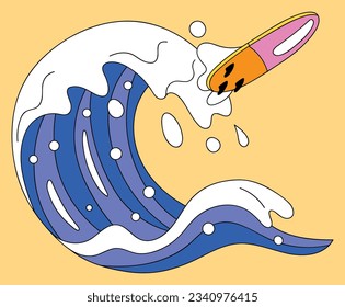 Surfing board and waves in summer vector design