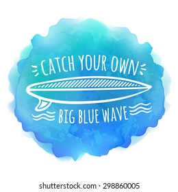 Surfing board white logo on blue watercolor vector background