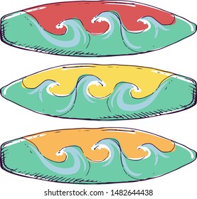 Surfing boards hand drawn color illustrations set. Summer holiday leisure activity. Surfboards with sea waves print isolated cliparts pack on white background. Extreme sport equipment design element