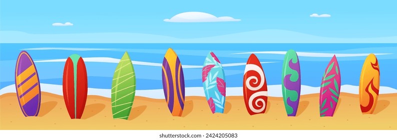 Surfing boards on beach. Summer extreme sport hobby equipment. Ocean leisure activity. Decorative surfboard on sand, nowaday vector background