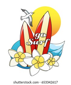 surfing boards and plumeria blossoms, cartoon vector illustration with the words -Go Surf-