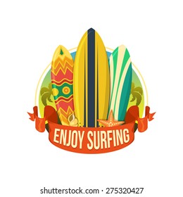 Surfing boards. Summer tropic vacation background design.