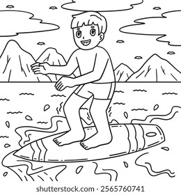 Surfing Boy Balancing on a Surfboard Coloring Page