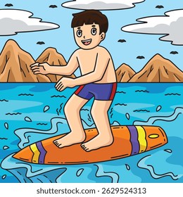 Surfen Junge Balancing auf Surfboard farbige Cartoon