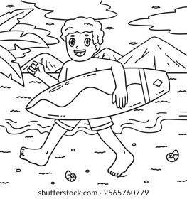 Surfing Boy Carrying a Surfboard Coloring Page 