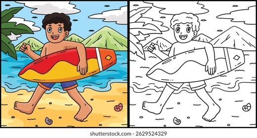 Surfing Boy Carrying a Surfboard Illustration 
