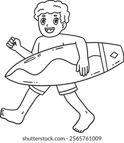 Surfing Boy Carrying a Surfboard Isolated Coloring