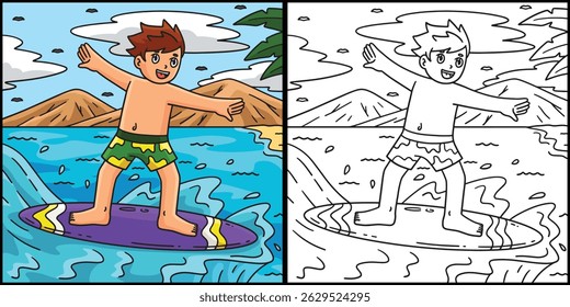 Surfing Boy Coloring Page Colored Illustration 