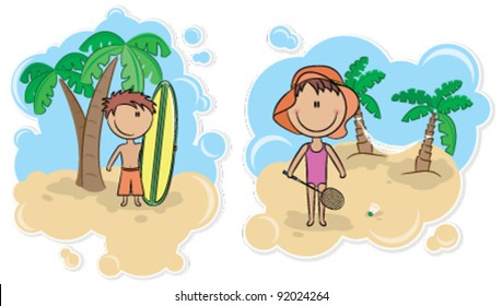 Surfing boy and girl with badminton racket on the beach