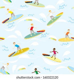 Surfing boy kids seamless pattern. Holiday vector illustration