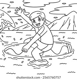 Surfing Boy Sitting on Surfboard Coloring Page 