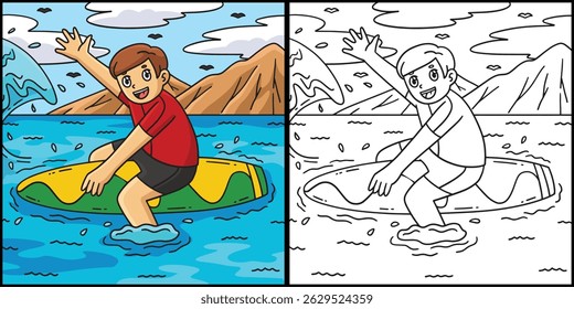 Surfing Boy Sitting on a Surfboard Illustration 