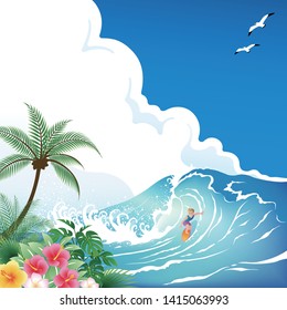 Surfing boy with surfboard on tropical blue wave