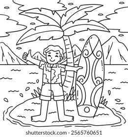 Surfing Boy Surfboard and Palm Tree Coloring Page