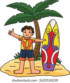 Surfing Boy with a Surfboard and Palm Tree Clipart