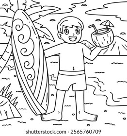 Surfing Boy Surfboard and Tropical Drink Coloring 