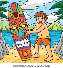 Surfing Boy with a Tiki Surfboard Colored Cartoon 