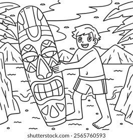 Surfing Boy with Tiki Surfboard Coloring Page 