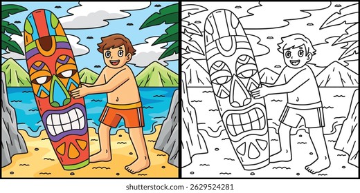 Surfing Boy with a Tiki Surfboard Illustration 