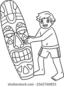 Surfing Boy with Tiki Surfboard Isolated Coloring 