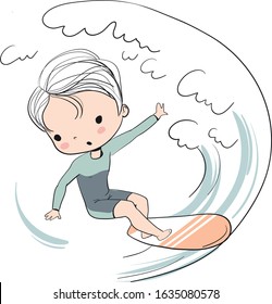 Surfing boy with wave. Vector character.