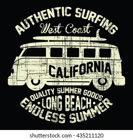 Surfing Bus, authentic surfing california vector print and varsity. For t-shirt or other uses in vector.T shirt graphic