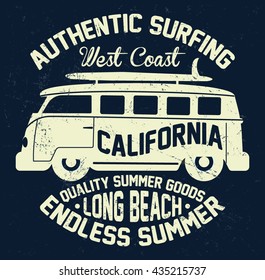 Surfing Bus, authentic surfing california vector print and varsity. For t-shirt or other uses in vector.T shirt graphic