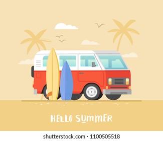 Surfing bus on palm beach poster. Retro bus with surf board illustration