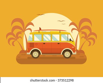 Surfing bus on palm beach. Travel coach summertime concept. Travel omnibus old vintage red color with surfing board on summer coast. Tourist bus family summer trip.