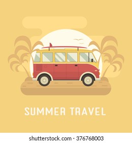Surfing bus on palm beach. Travel coach summertime concept. Travel omnibus old vintage red color with surfing board on summer coast. Tourist bus family summer trip.