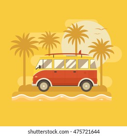 Surfing bus on palm beach poster. Camper minivan summertime concept. Travel van old vintage red color with surfing board on sea coast. Tourist surf bus on tropical island background. 