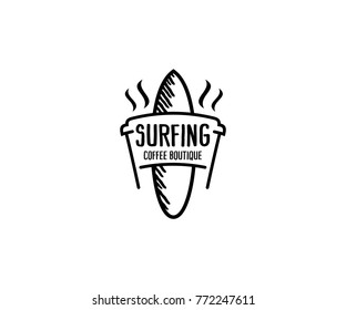 Surfing Cafe Logo Template. Cafe Vector Design. Surfboard Illustration
