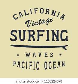 SURFING CALIFORNIA BEACH BADGE. Design fashion apparel on light background. T shirt graphic vintage vector illustration label logo template.