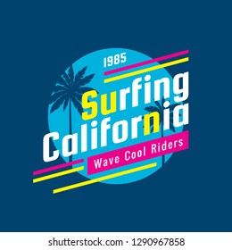 Surfing California - concept logo badge vector illustration for t-shirt, print, poster, brochure. Summer, palms, surf. Tropical paradise. Beach coast. Wave cool riders. Typography design composition.