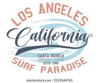 surfeando en California, impresión de eslogan de graffiti, camiseta con estilo del lado del océano de California, camisetas con estampado de tipografía de California. Tipografía de California, Los Ángeles. Gráficos de camisetas con palmas tropicales.