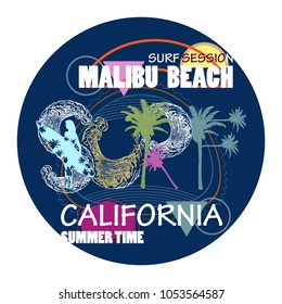 Surfing California Malibu beach fashion typography for t-shirt print 