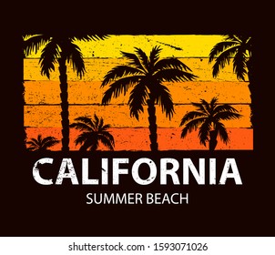 Surfing california palm beach. Vector for T-shirt print design. 