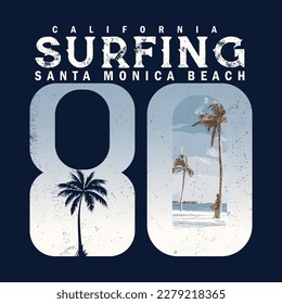 surfing california palm beach vintage typography t- shirt print, graphic design artwork, typography slogan on palm trees background for summer fashion.