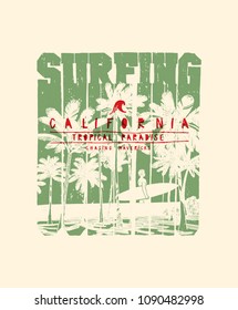 surfing california - palm beach wave man with surfboard vintage typography print