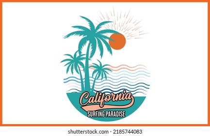 Surfing California Paradise Beach T-Shirts Design.