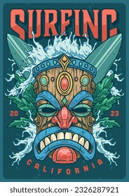 Surfing in California poster colorful with tiki mask from aztec culture and waves to advertise summer extreme vacation vector illustration