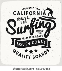 Surfing California print in black and white for t-shirt or apparel. Retro beach style graphic with old school typography for fashion and printing. Vintage effects are easily removable.