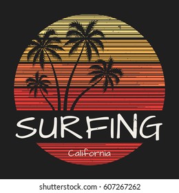 Surfing california tee print with palm trees. Vector illustration.