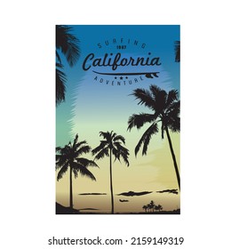 
surfing California, tropical sunset. surf and beach. vintage beach print. tee graphic design